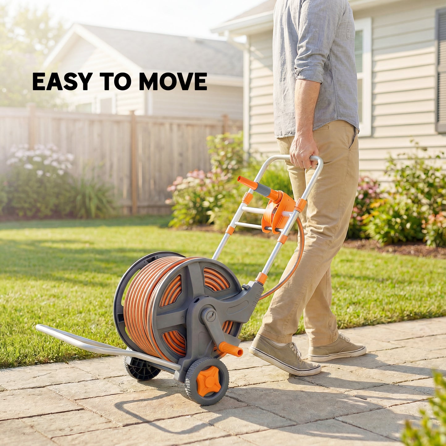 Hose Reel Cart with Wheels, 45+2m Garden Hose Reel with 2 Patterns Nozzle, Faucet Adaptors and Rewind Handle, Orange