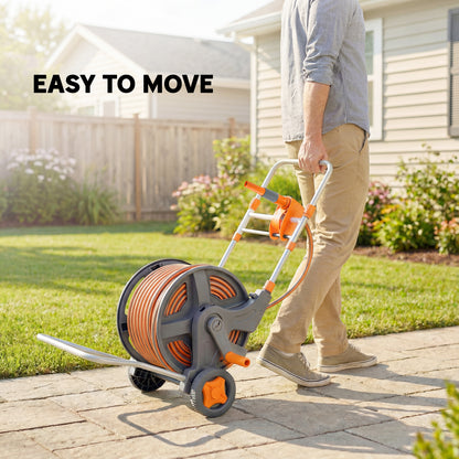 Hose Reel Cart with Wheels, 45+2m Garden Hose Reel with 2 Patterns Nozzle, Faucet Adaptors and Rewind Handle, Orange