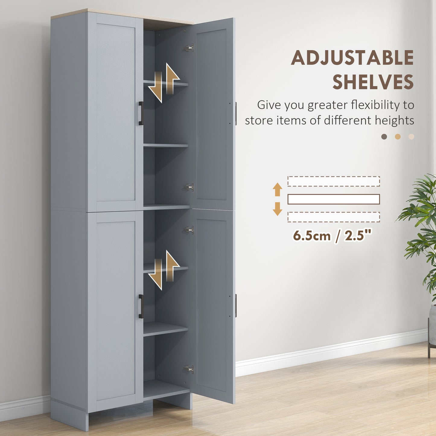 Freestanding Kitchen Cupboard, 4-Door Storage Cabinet with Adjustable Shelves, Modern Kitchen Pantry for Dining Room, 170cm