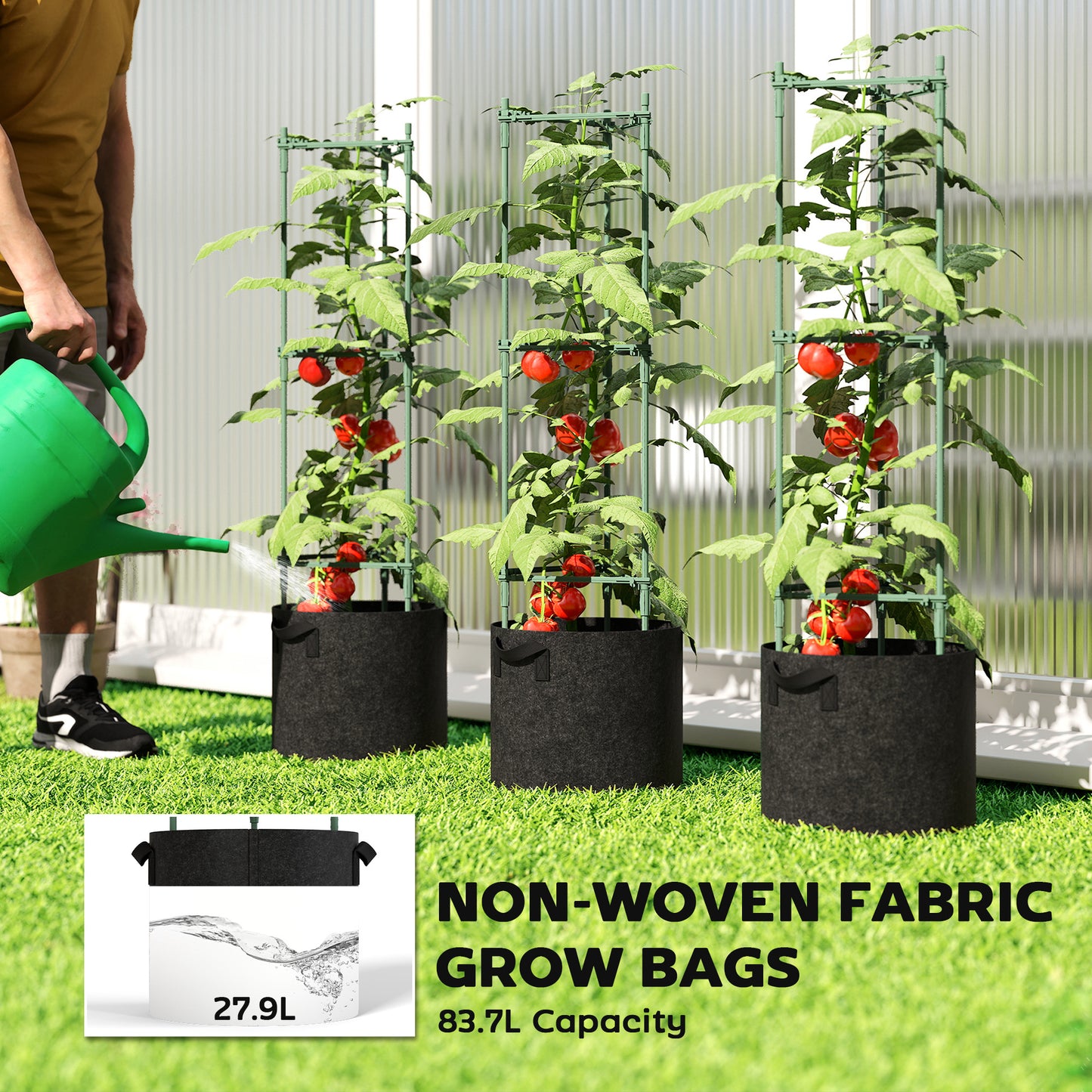 3 Packs Tomato Cages with 83.7L Grow Bags, 120cm Adjutstable Triangle Plant Stakes Support Trellis with Planter Bags