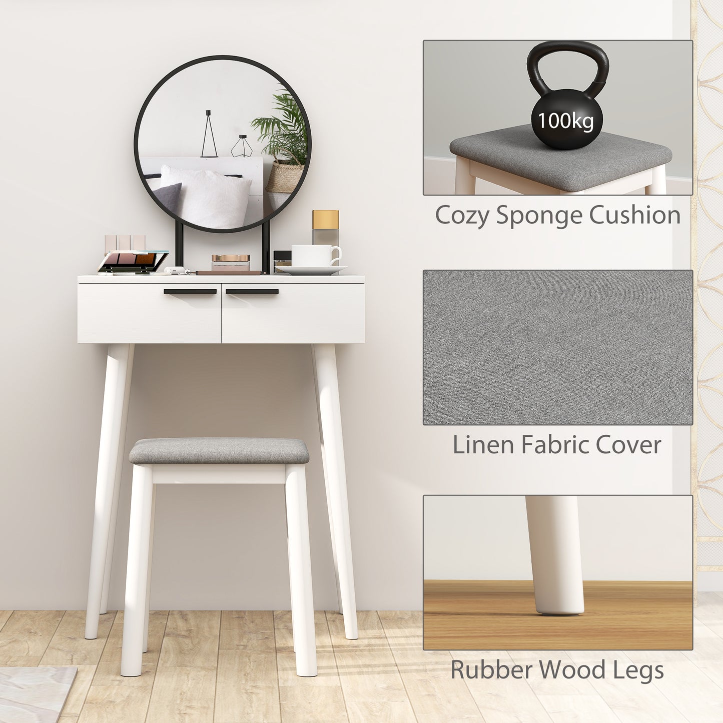 Modern Dressing Table with Round Mirror and Stool, Makeup Vanity Table with 2 Drawers for Bedroom, Living Room