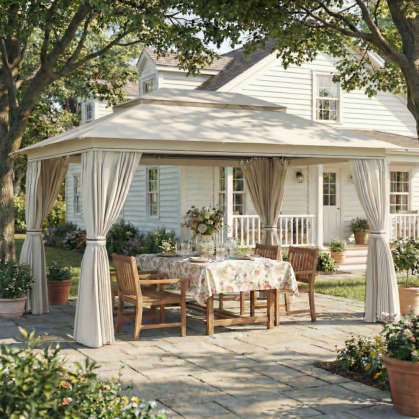 3 x 4 m Outdoor Garden Gazebo with Netting and Curtains, UPF50+ Patio Gazebo Permanent Pavilion Canopy, Beige