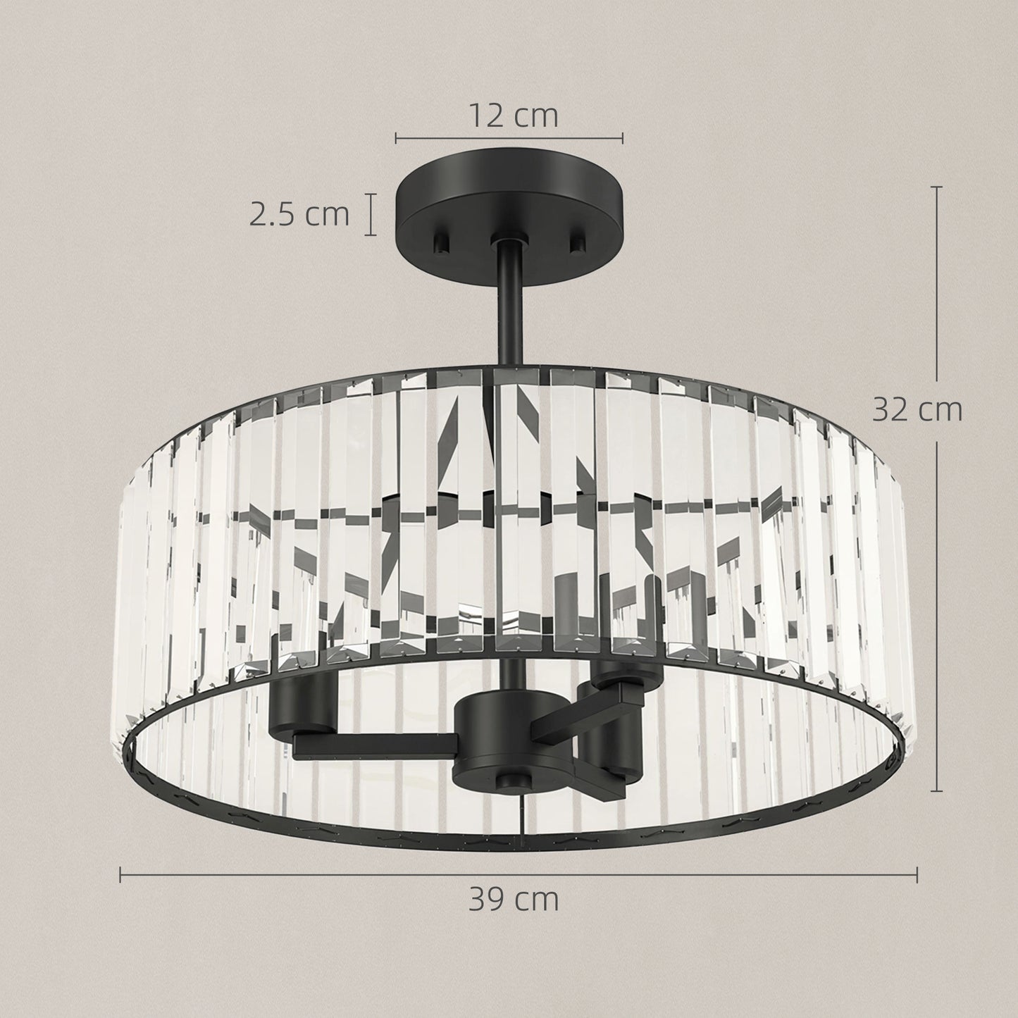 Crystal Ceiling Light, Semi Flush Mount Modern Crystal Chandelier Ceiling Light, E14 Base 3-Lights, Bulbs Not Included