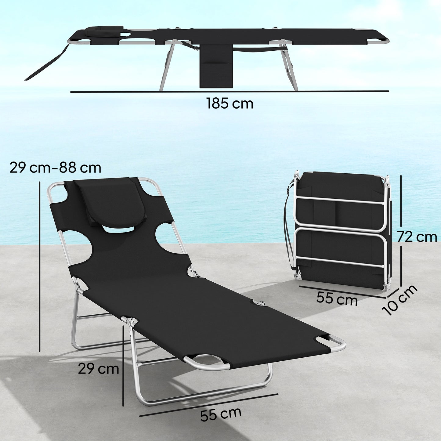 5-Position Adjustable Sun Loungers Set of 2 with Reading Hole and Side Pocket, Black