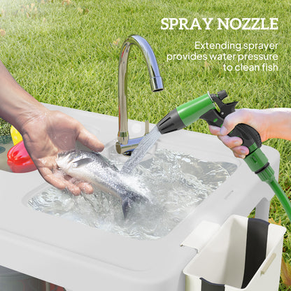 Folding Fish Cleaning Table with Sinks, Portable Camping Sink Table with Faucet, Drainage Hose