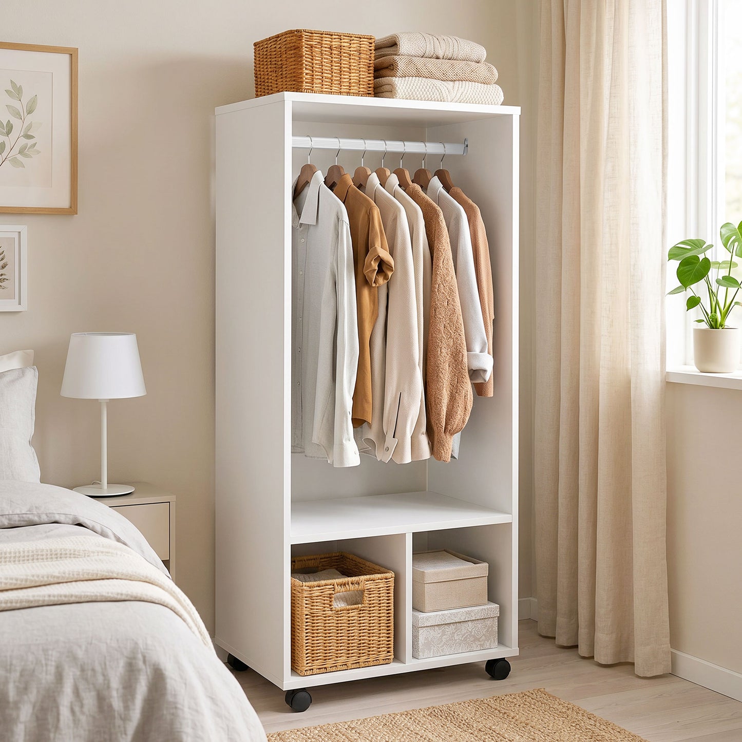 Open Wardrobe on Wheels, Bedroom Wardrobe with Clothes Hanging Rail, 2 Storage Shelves, Mobile Garment Rack for Cloakroom