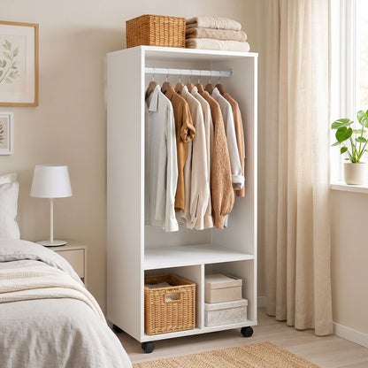 Open Wardrobe on Wheels, Bedroom Wardrobe with Clothes Hanging Rail, 2 Storage Shelves, Mobile Garment Rack for Cloakroom