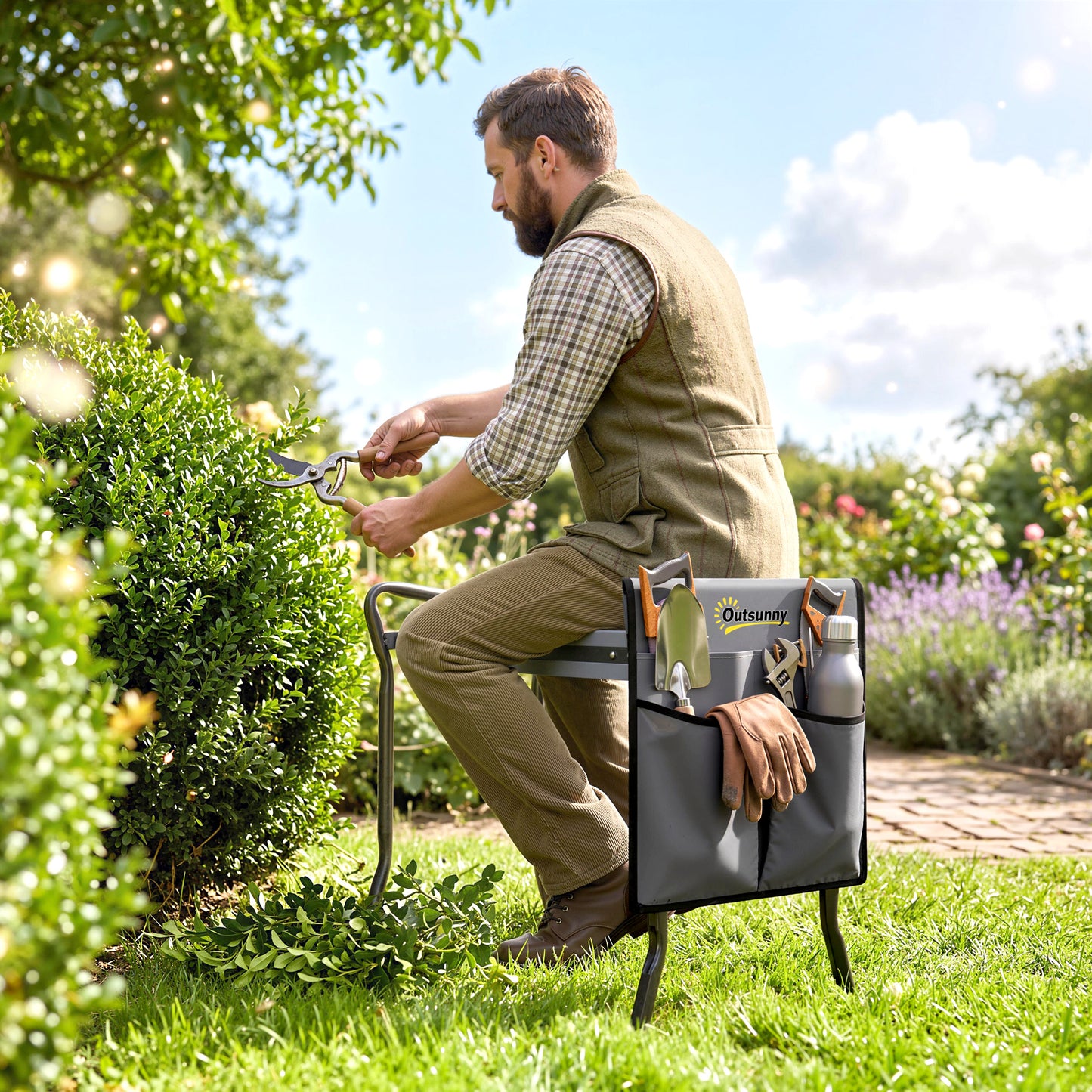 Steel Frame Padded Garden Kneeler, with Tool Bag - Grey