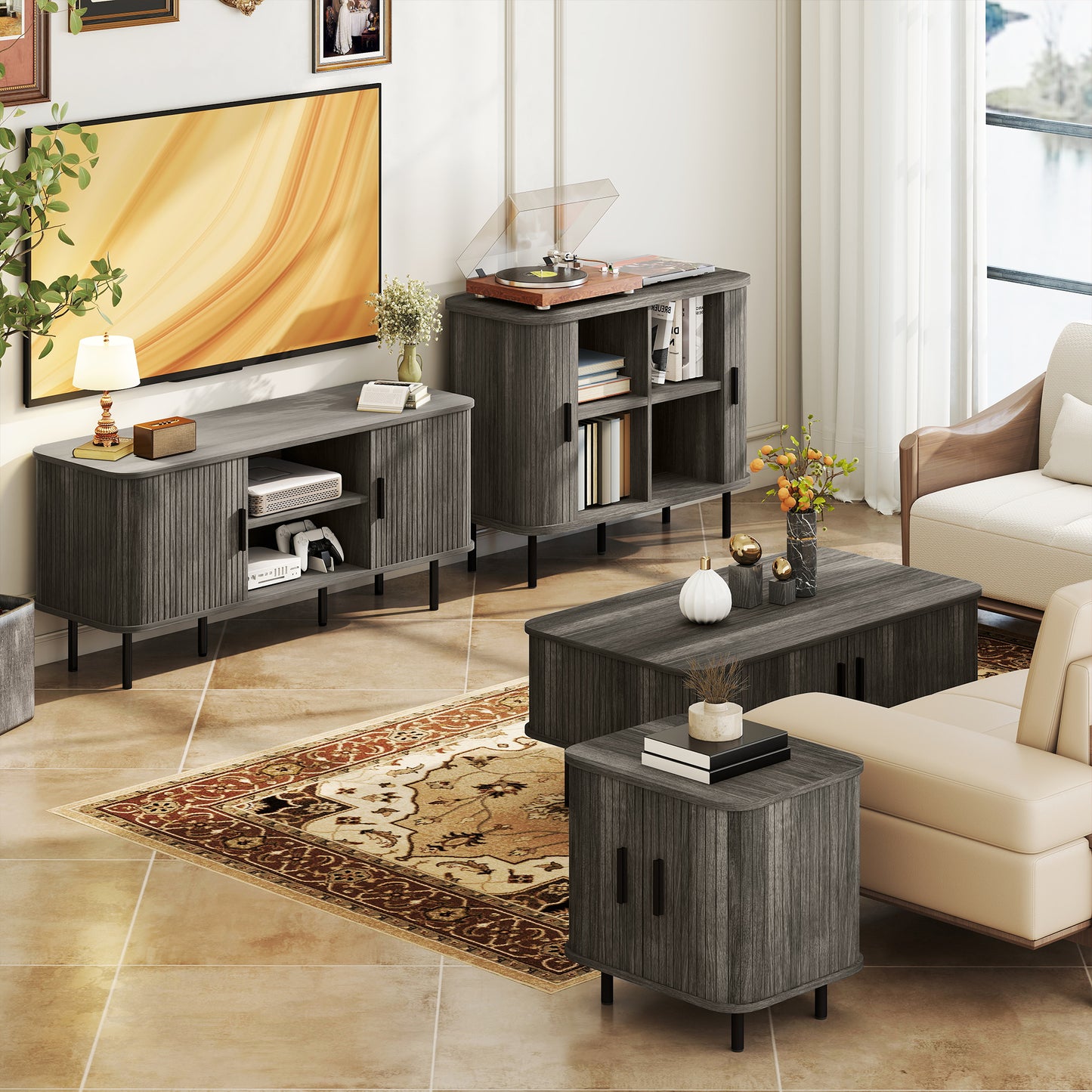 Coffee Table with Storage, Living Room Table with Slatted Tambour Sliding Doors and Adjustable Foot Pads