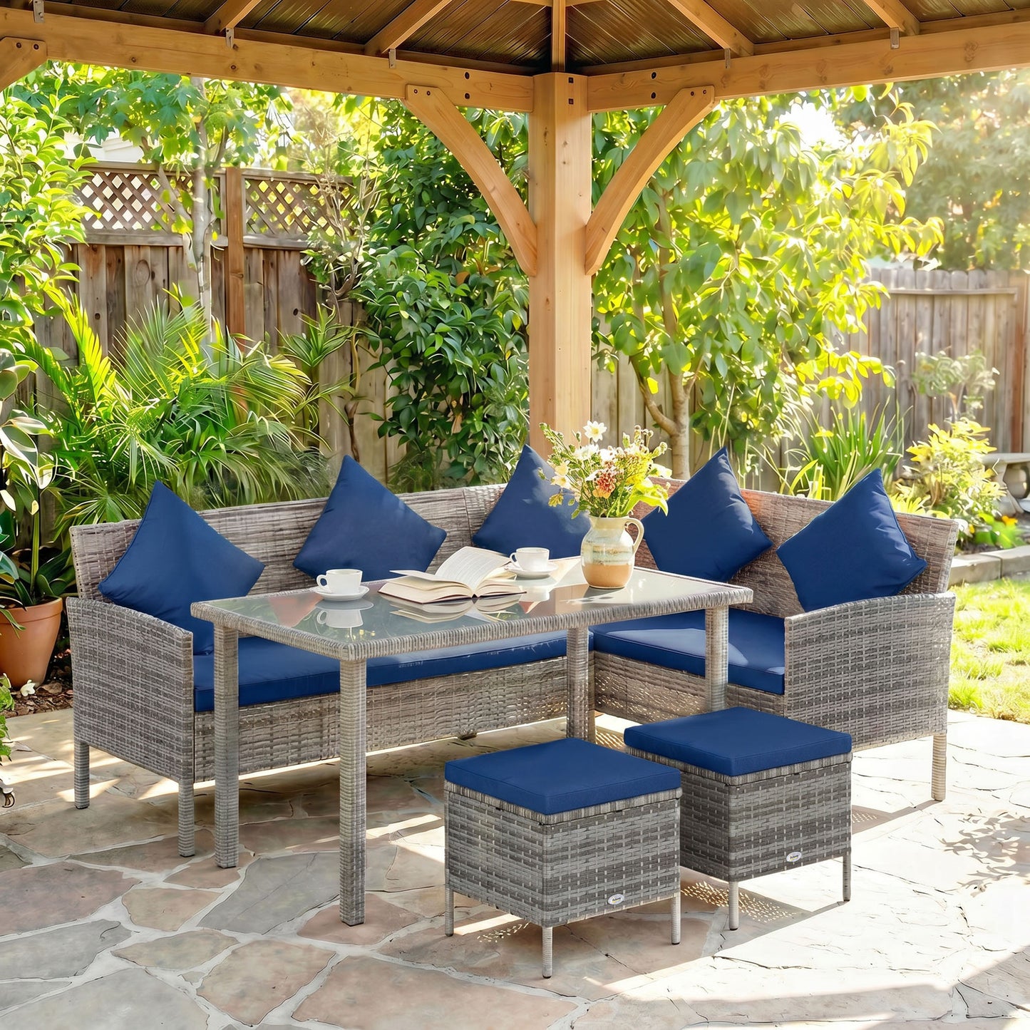 5 Pieces Rattan Garden Furniture Set with Dining Table, Cushions - Dark Blue