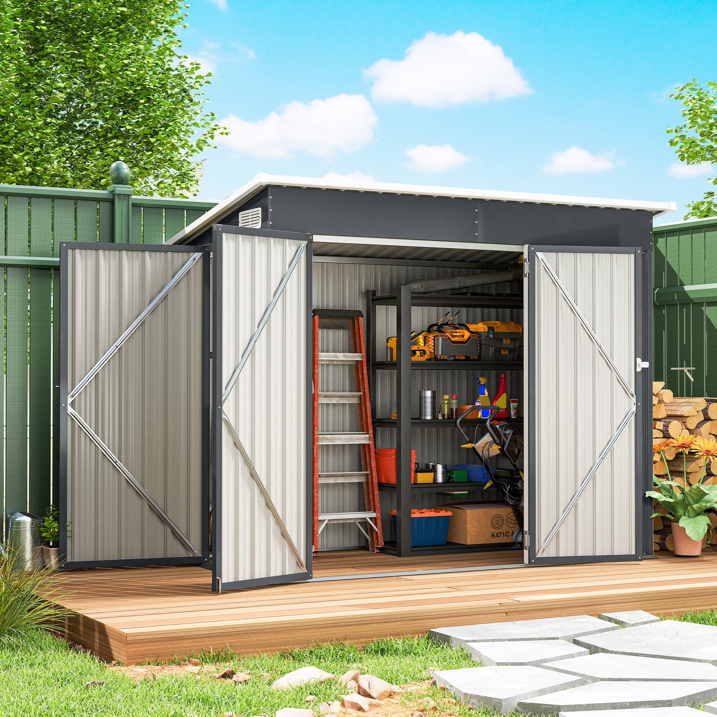7.5 x 4.3ft Metal Garden Storage Shed, Waterproof Outdoor Shed with Triple Lockable Door, Gloves, Vents, Dark Grey