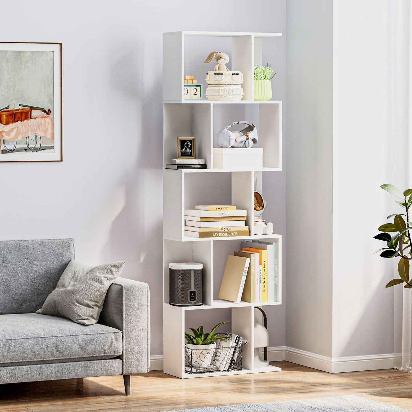 Bookcase, S-Shaped Wooden Bookshelf, 5 Tiers Freestanding Storage Shelf, Home Office Display Stand Rack, White
