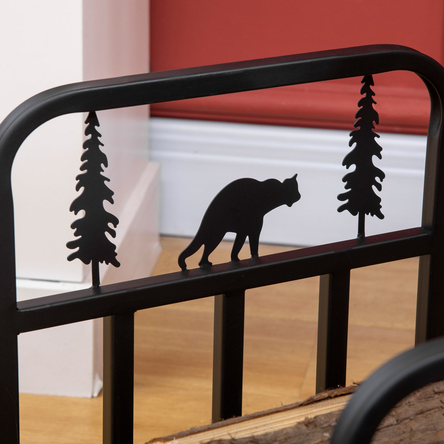 Metal Firewood Log Holder Indoor Outdoor Firewood Rack Inner Arced Fireplace Wood Storage Shelf w/ Bear Shape Design