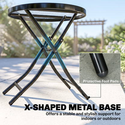 Foldable Garden Side Table, Round Folding Table with Glass Tabletop and Safety Buckle for Patio, Garden, Outdoor, Indoor