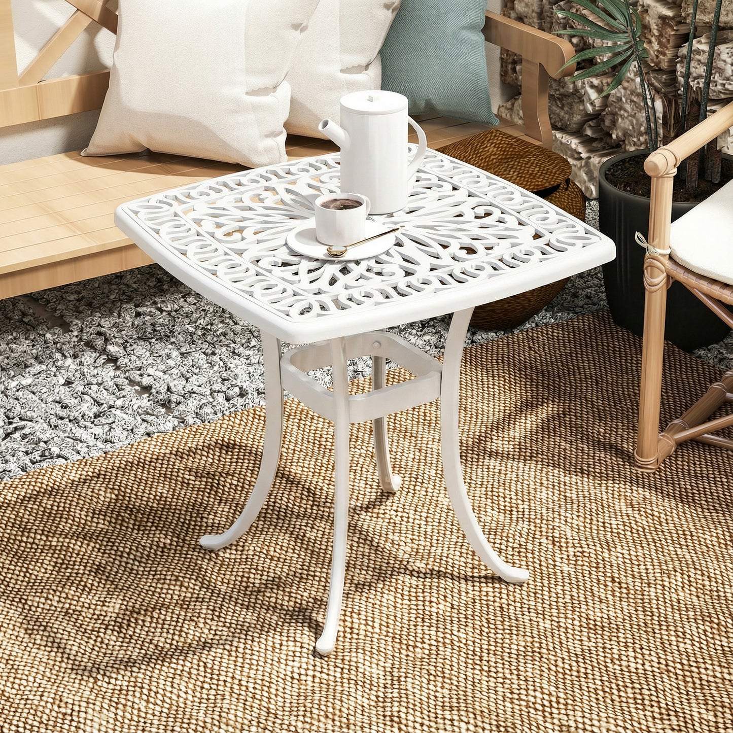 Outdoor Garden Table with 38mm Dia. Umbrella Hole, Cast Aluminium Patio End Table with Anti-slip Foot Pads for Garden