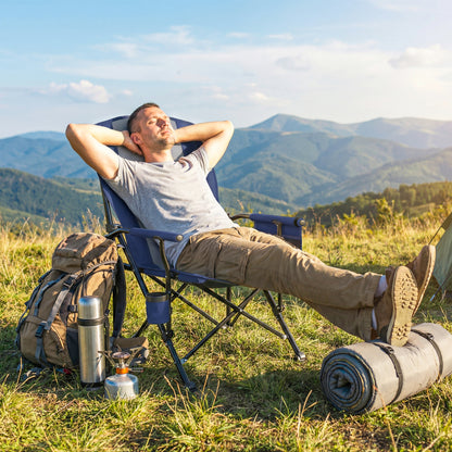 Padded Camping Chair Adults Heavy Duty Folding Chair Side Pocket Cup Holder Carry Bag Outdoor Dark Blue