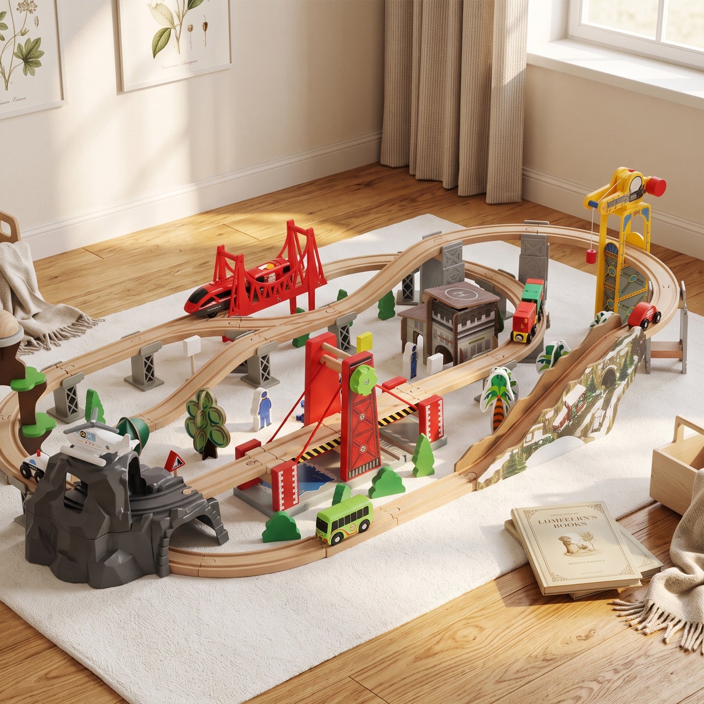 100 Piece Wooden Train Set for Kids 3+ Years with Track, Crane, Battery Operated Train