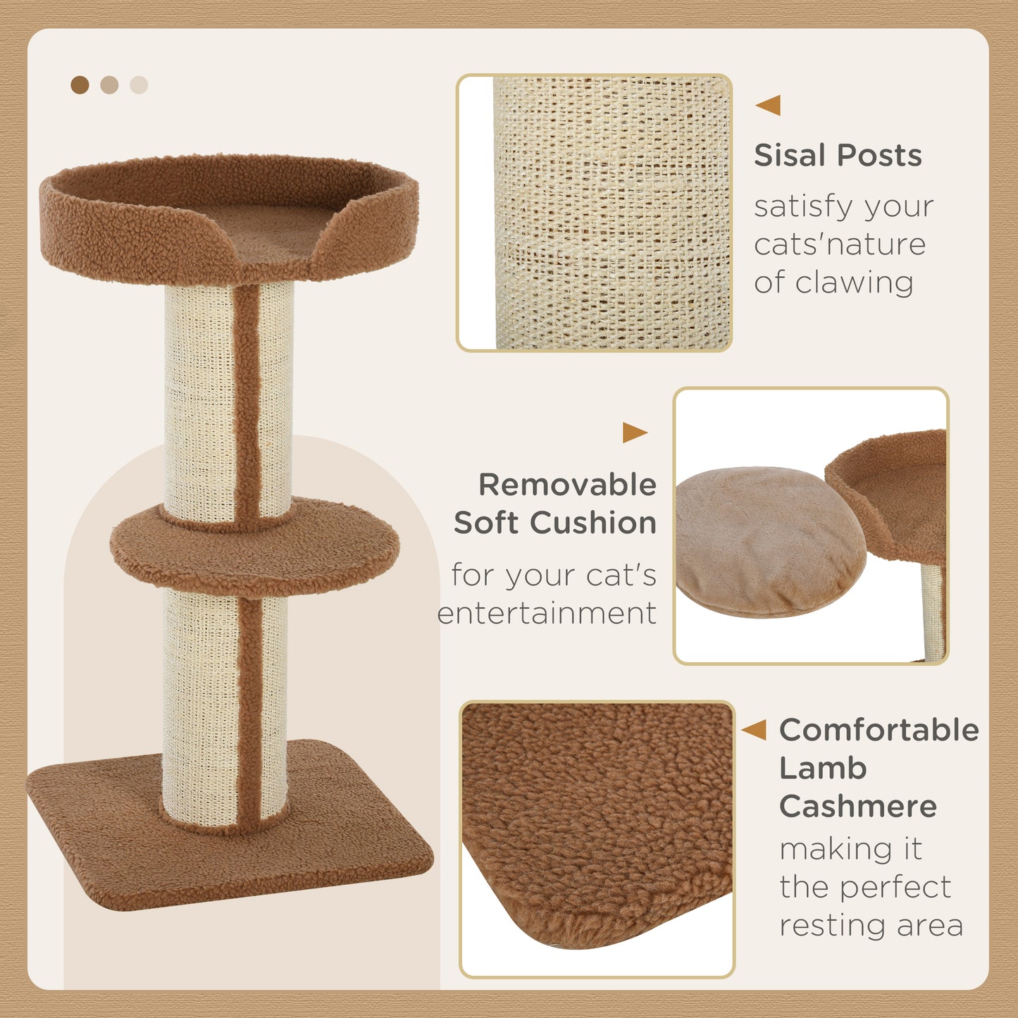 91cm Cat Tree, Cat Tower with Scratching Post, Bed, Perch, Removable Cushion for Indoor Kittens, Brown