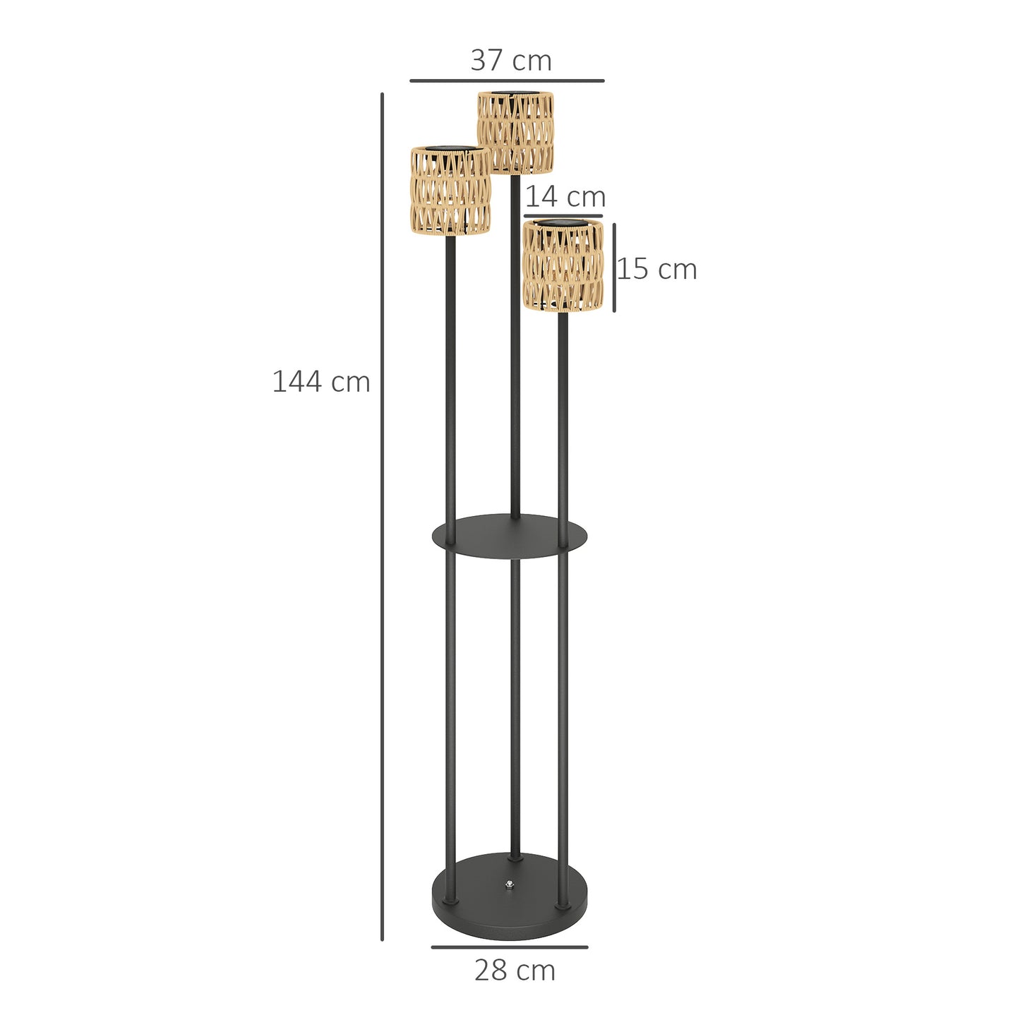 Boho Rattan Floor Lamp, 3-Lights Rattan Lamp with Shelf, Freestanding Solar Garden Light with Auto On/Off Lights