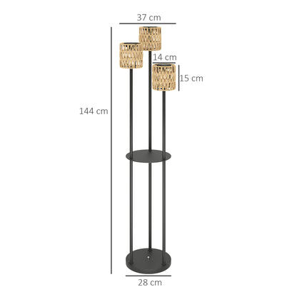 Boho Rattan Floor Lamp, 3-Lights Rattan Lamp with Shelf, Freestanding Solar Garden Light with Auto On/Off Lights