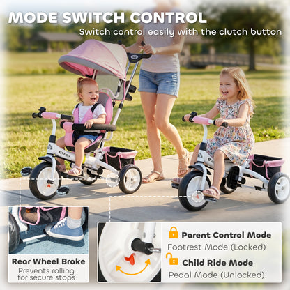 6 in 1 Kids Trike Push Bike w/ Push Handle, Canopy, 5-point Seat Belt, Storage, Footrest, Brake, for 1-5 Years, Pink