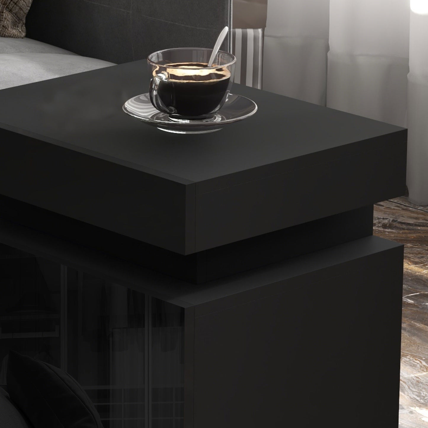 Black Bedside Table with LED Light, High Gloss Front Nightstand with 2 Drawers, for Living Room, Bedroom