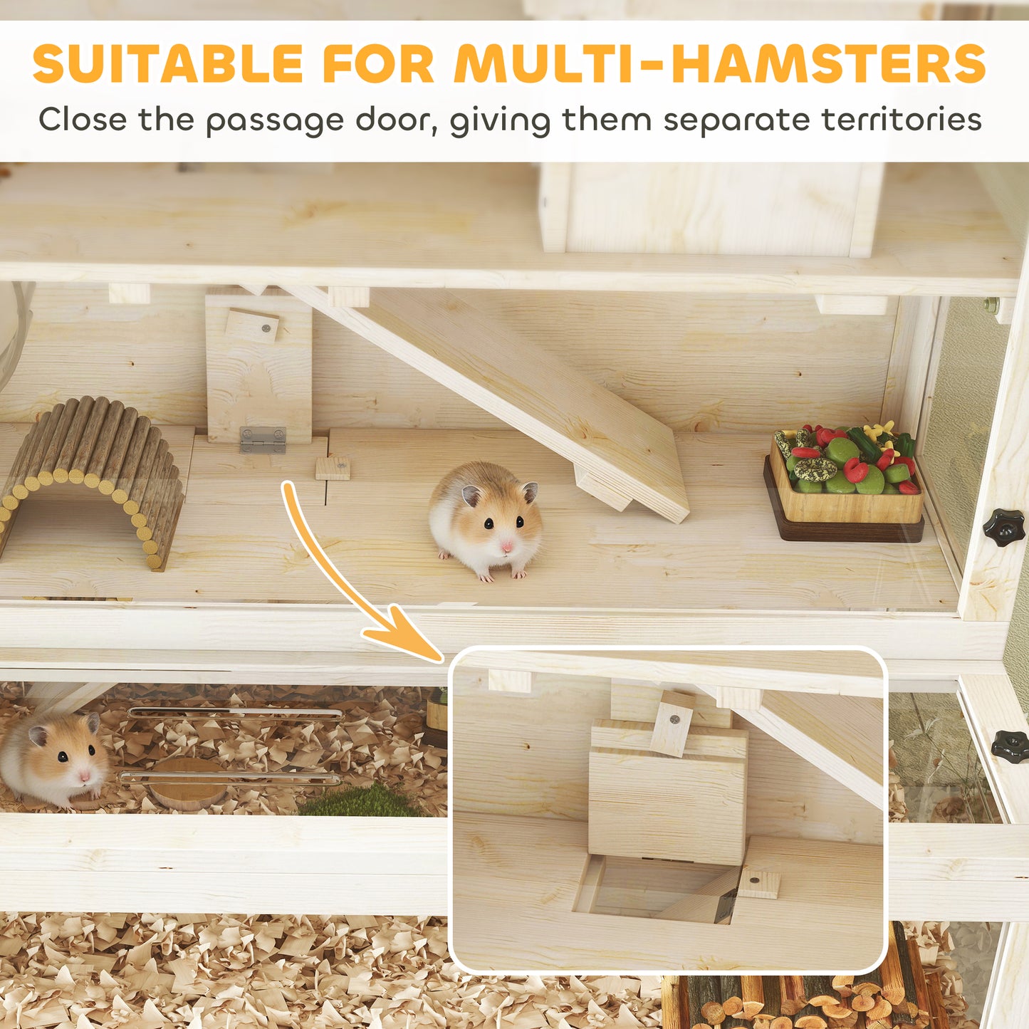 Wooden Hamster Cage with Hut, Wheel, Ramps, Removable Viewing Panels, 100 x 50 x 84 cm, Natural Wood