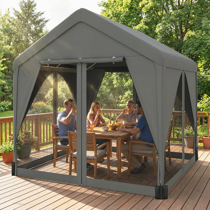 3 x 3 m Patio Gazebo with Netting & Curtains, Outdoor Canopy Shelter with Galvanised Steel Frame, Dark Grey