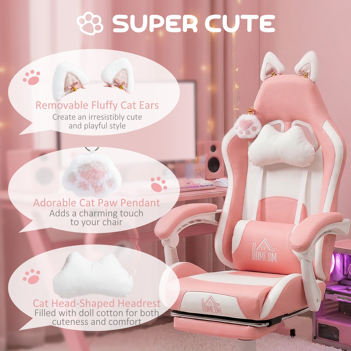 Cat Ear and Paw Reclining Office Chair, with Footrest - Pink/White