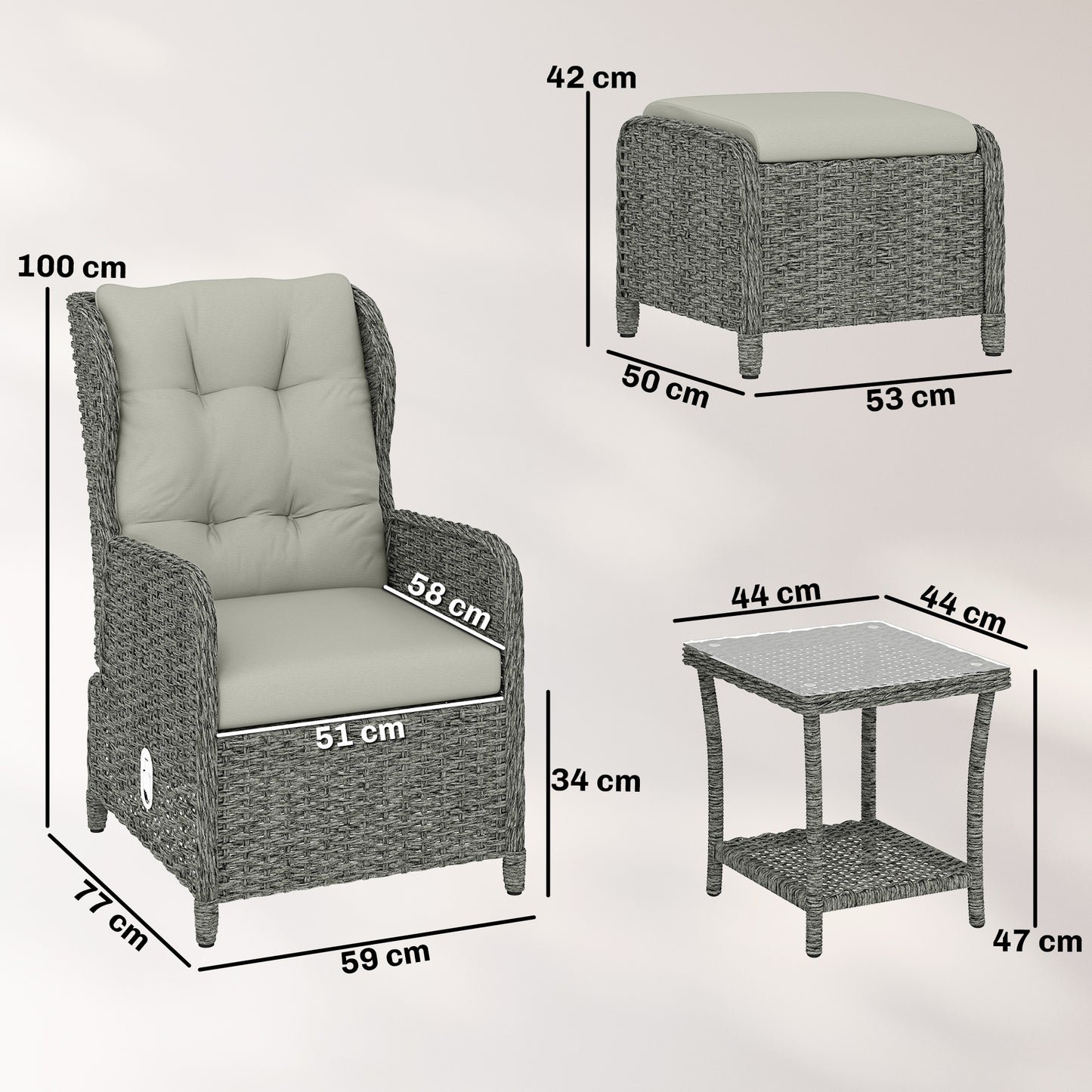 Rattan Reclining Garden Chair Set of 2 with Footstool and Cushion for Balcony, Cream