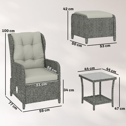 Rattan Reclining Garden Chair Set of 2 with Footstool and Cushion for Balcony, Cream