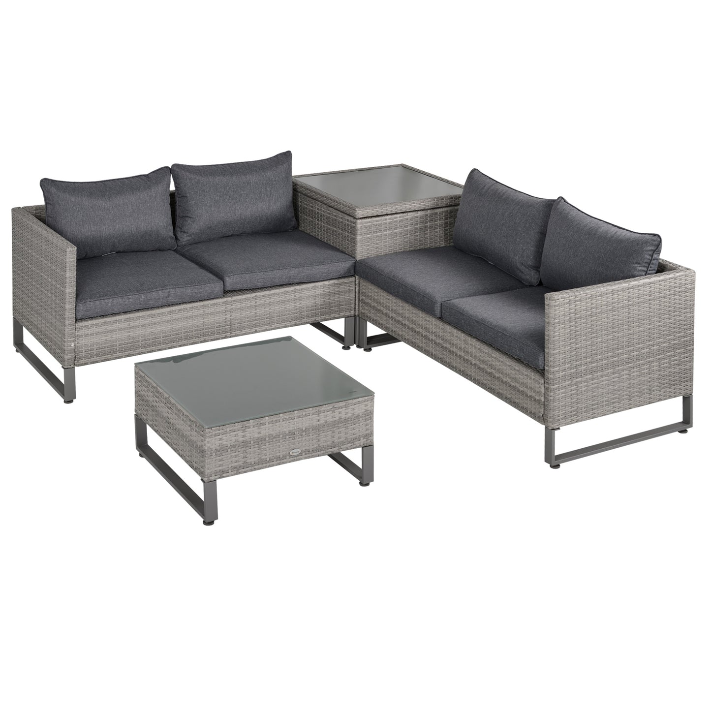 4 Pieces Rattan Garden Furniture Set, 4 Seater Garden Sofa Set with Storage Box, Loveseats and Glass Top Table