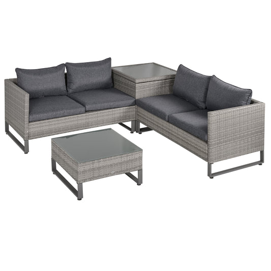 4 Pieces Rattan Garden Furniture Set, 4 Seater Garden Sofa Set with Storage Box, Loveseats and Glass Top Table
