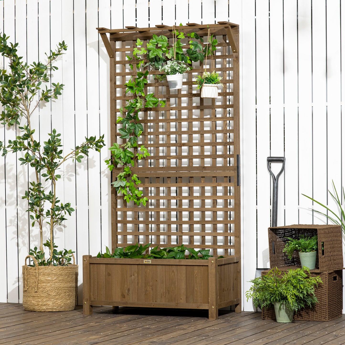 Raised Bed with Drainage Holes, Wood Planter with Trellis for Climbing Plants to Grow Vegetables, Flowers, Brown