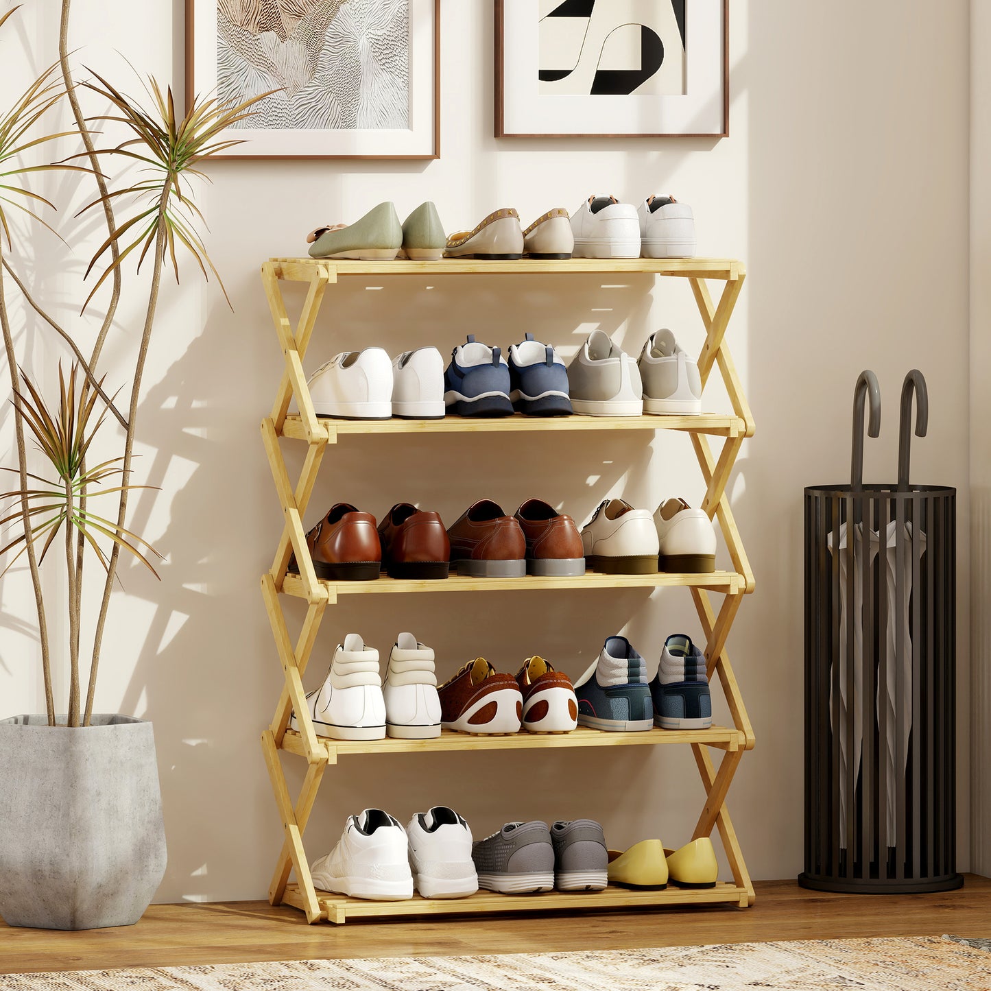 Five-Tier Folding Bamboo Shoe Rack - Natural Finish
