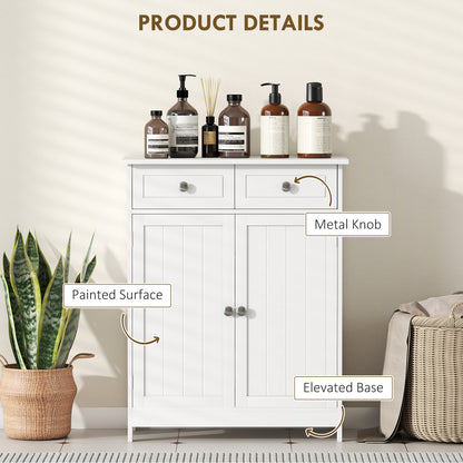 75x60cm Freestanding Bathroom Storage Cabinet Unit w/ 2 Drawers Cupboard Adjustable Shelf Metal Handles Traditional Style Whi