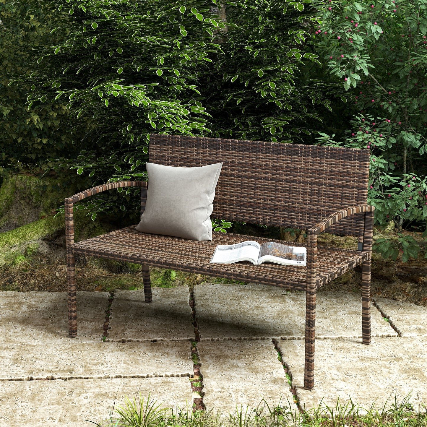 All Weather Wicker Garden Loveseat, 2 Seater Poly Rattan Garden Bench, Outdoor Seating Bench Brown