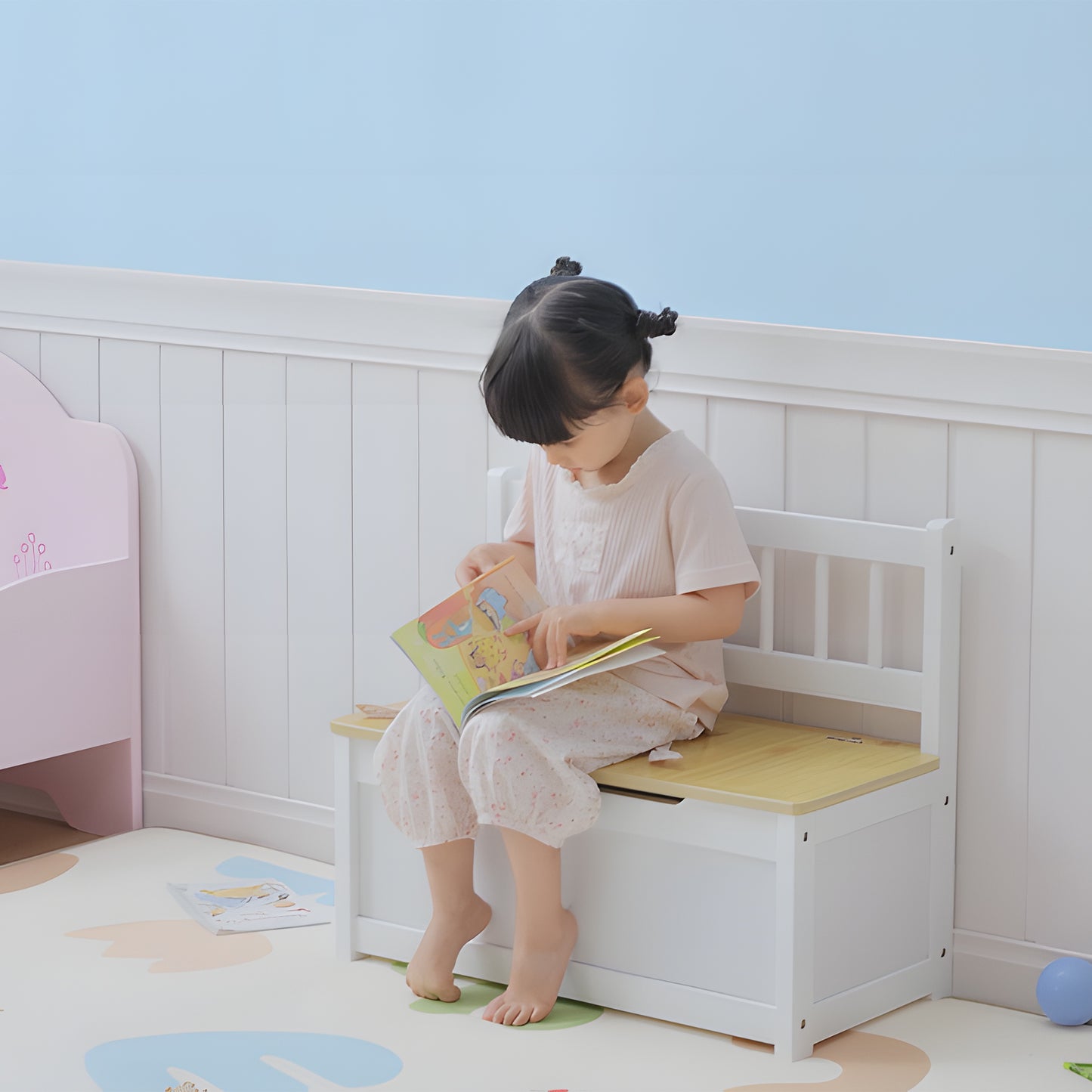 2 In 1 Wooden Toy Box, Seat Storage Bench, Storage Chest Cabinet Organiser, with Safety Pneumatic Rod