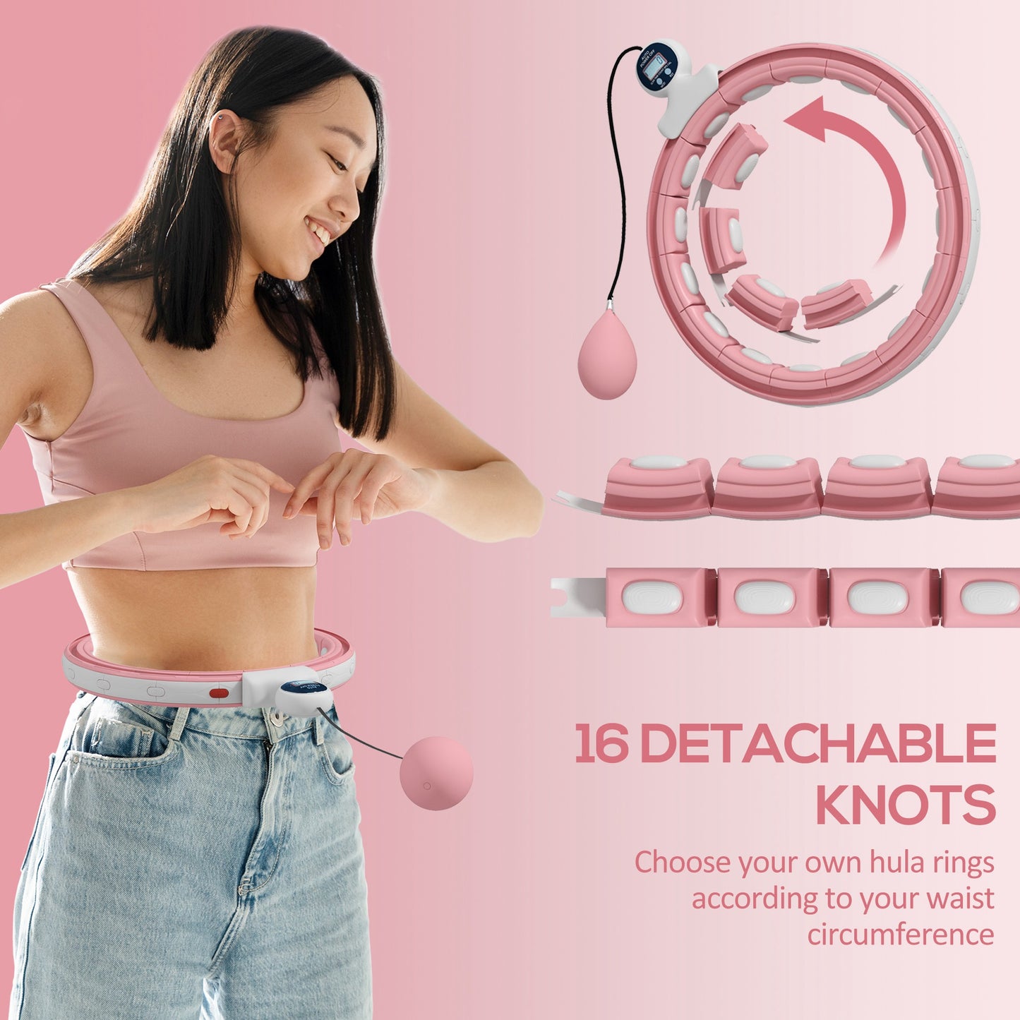 Smart Weighted Hula Hoop, Massage Hula Ring w/ 16 Detachable Knots, 360° Auto-Rotating Ball, Digital Counter, Pink