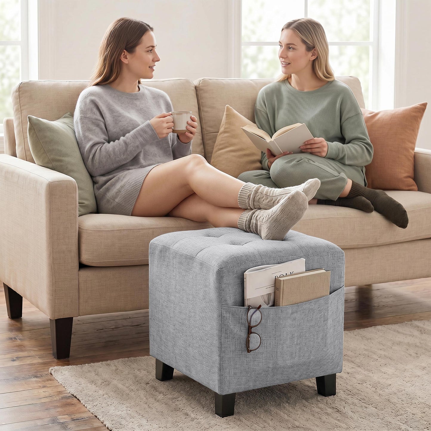 Square Footstool, Small Ottoman with Side Pocket, Linen Fabric Footrest Foot Stool with Rubber Wood Legs and Padded Seat for