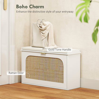 Boho Shoe Bench with Padded Seat and Flip-Drawer - White