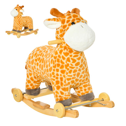 2 In 1 Kids Todder Rocking Horse Plush Ride On Giraffe Rocker with Wheels Wooden Base Animal Sounds for 3-6 Years