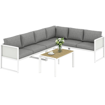 6 Seater Metal Garden Furniture Corner Sofa Set with 3 Loveseats, Faux Wood Table, Texteline Seat, Cushions, White