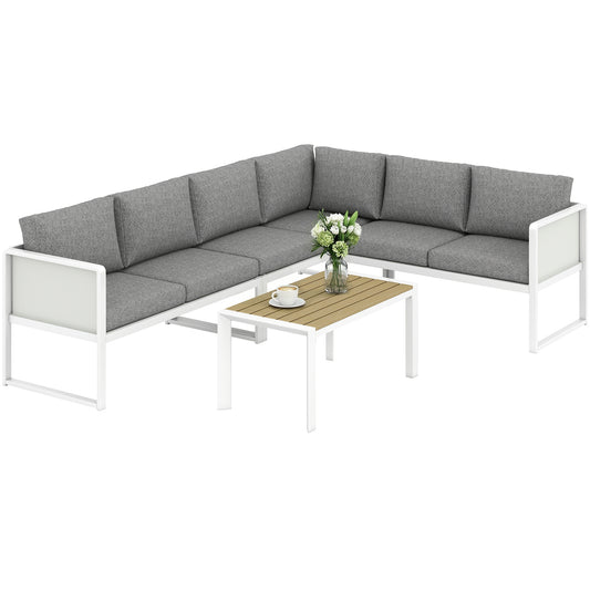 6 Seater Metal Garden Furniture Corner Sofa Set with 3 Loveseats, Faux Wood Table, Texteline Seat, Cushions, White