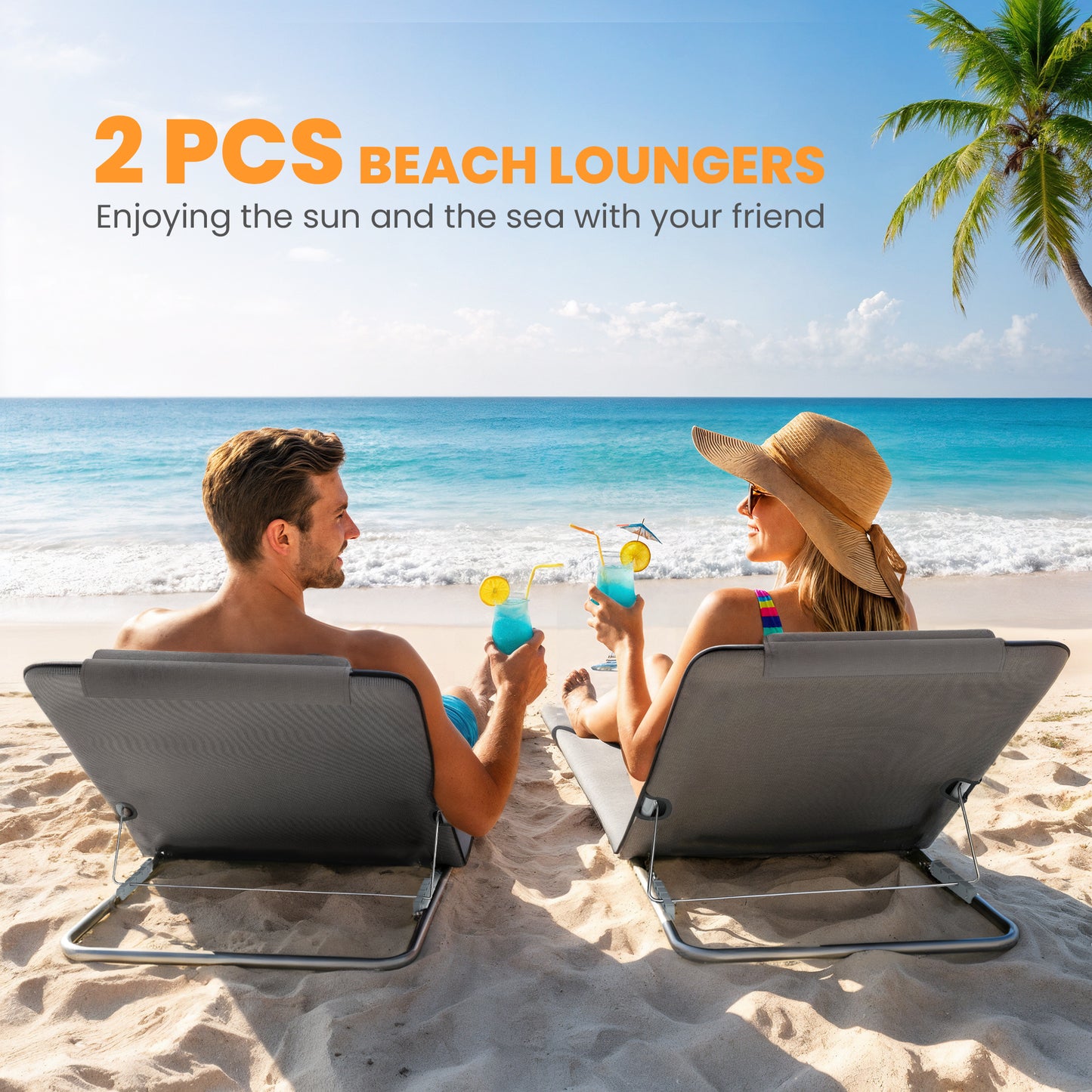 Set of 2 Foldable Garden Beach Chair Mat Lightweight Outdoor Sun Lounger Seats Adjustable Back Metal Frame PE Fabric Head Pil