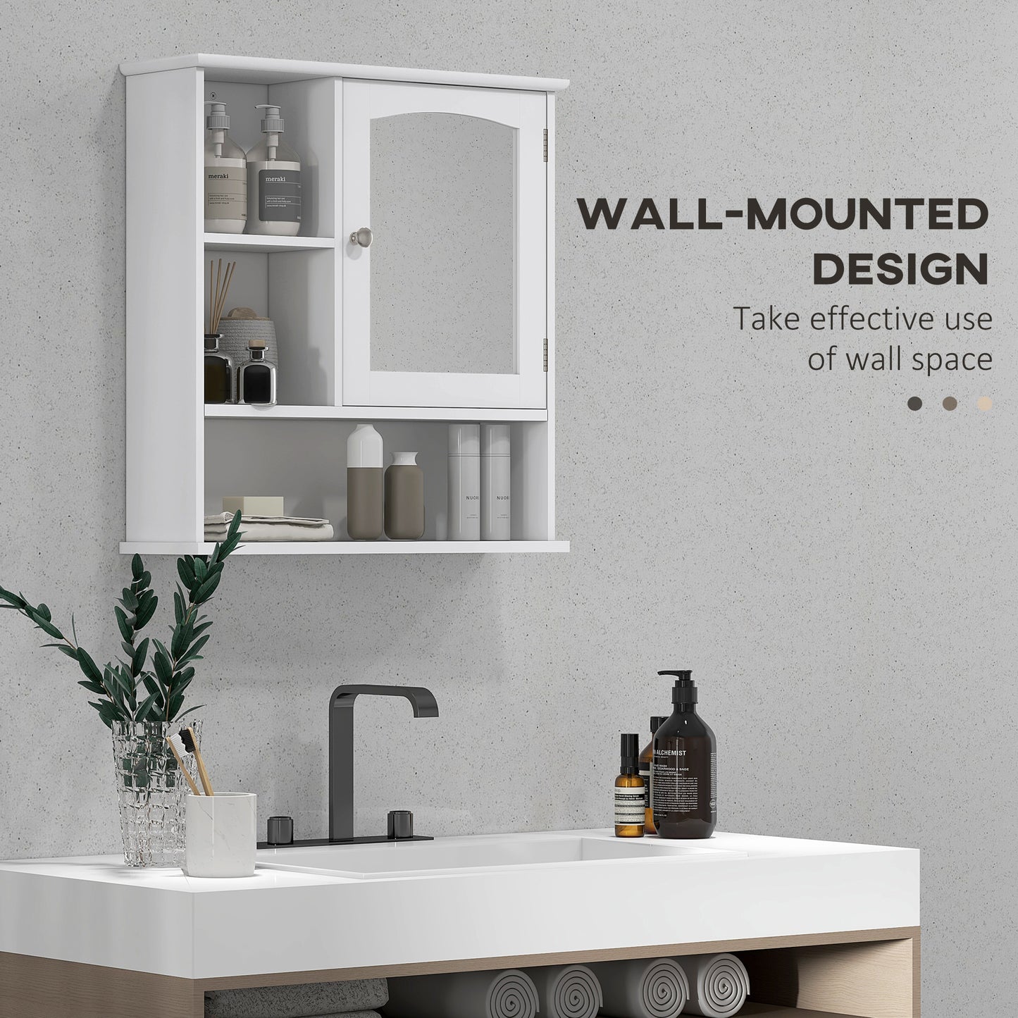 Bathroom Cabinet, Wall Mount Storage Organizer with Mirror, Adjustable Shelf for Bathroom, Kitchen, Bedroom, White