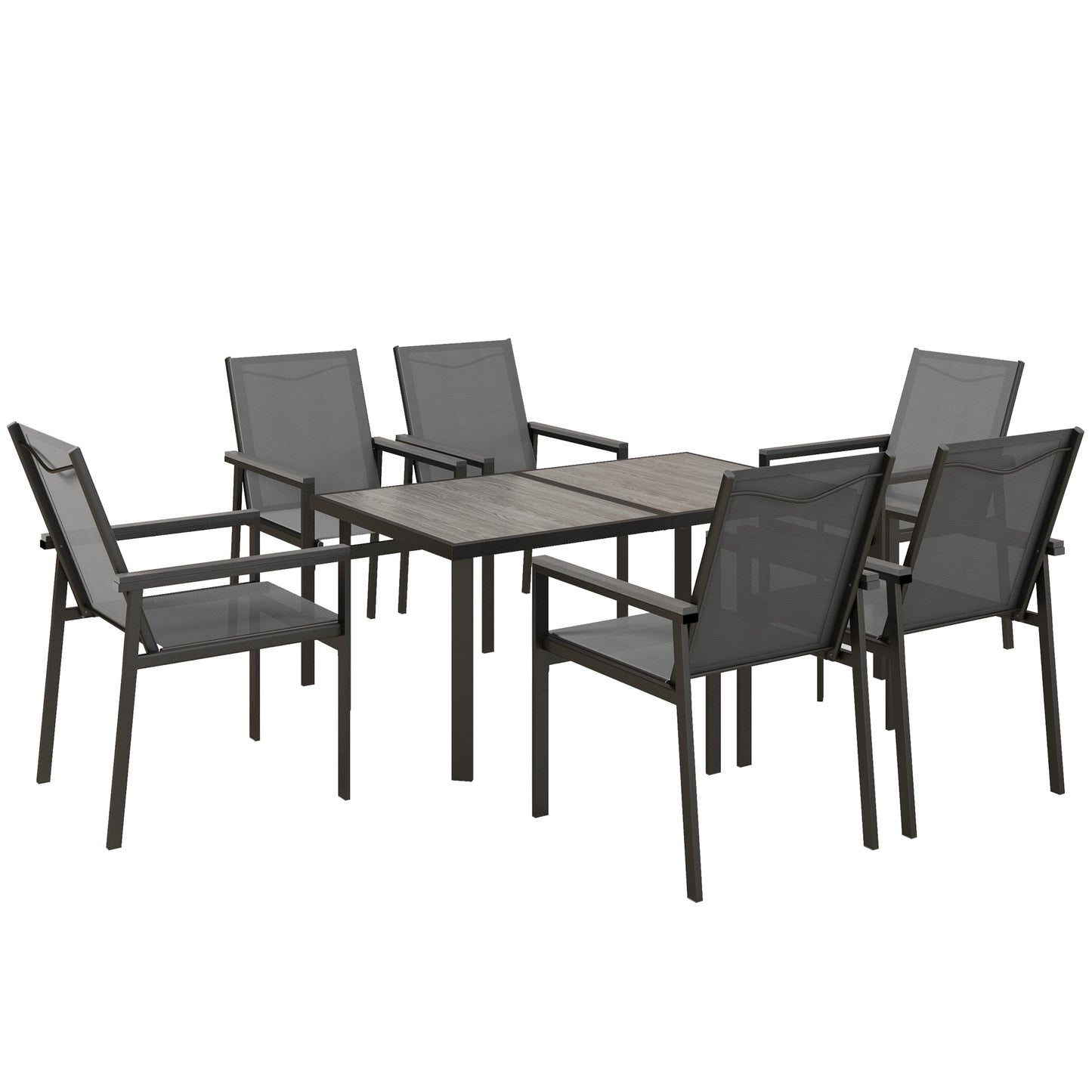 Seven-Piece Metal Dining Set with Glass-Top Table and Texteline Chairs - Grey