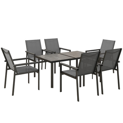Seven-Piece Metal Dining Set with Glass-Top Table and Texteline Chairs - Grey