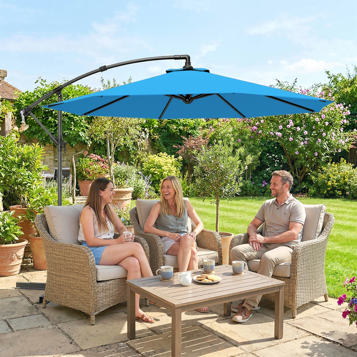 3m Overhanging Cantilever Parasol, with Cross Base - Blue