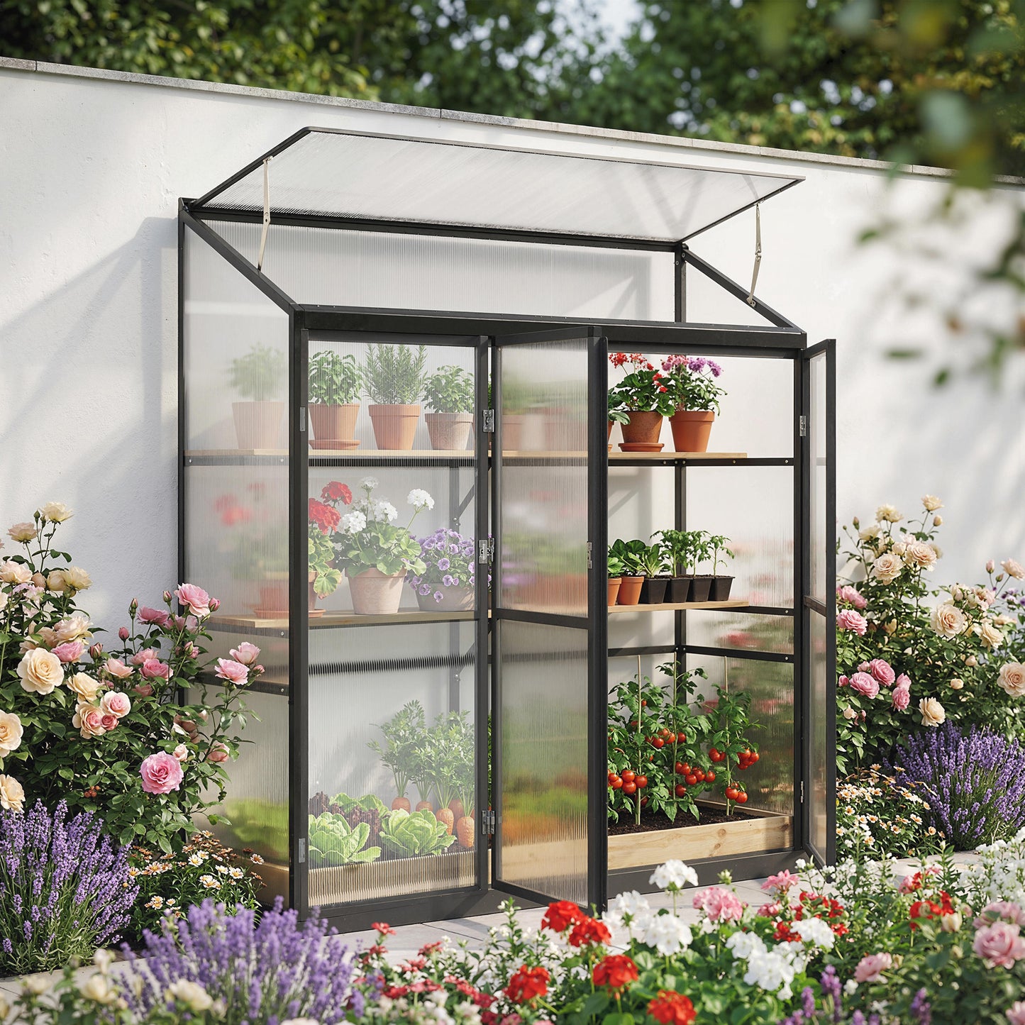 Polycarbonate Greenhouse with 3 Hinged Doors, Top Vent, Lean-to Green House, Walk-in Greenhouse, 6 x 1.5ft, Black